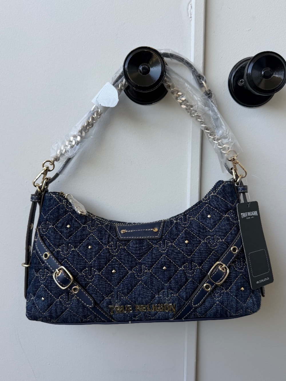 True Religion Studded Denim Chain Shoulder Bag in dark wash